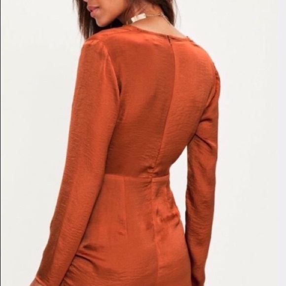 Silky Orange Missguided Dress w/ Plunging Neckline - Picture 3 of 4